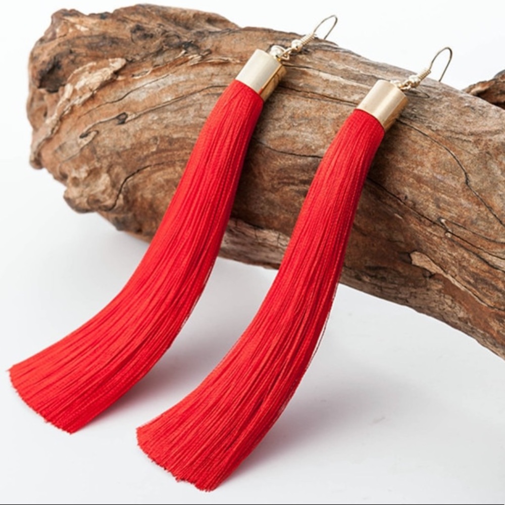 NEW Long Red Tassel Dangle Earring